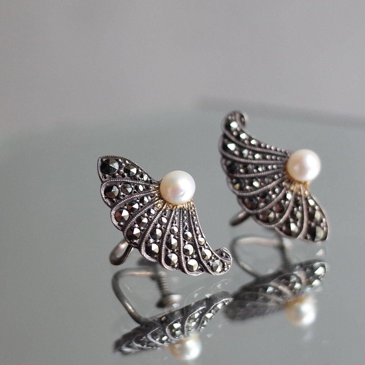  С ޡ ѡ ե 󥰡1930-40's Silver Marcasite Pearl Feather Earrings
