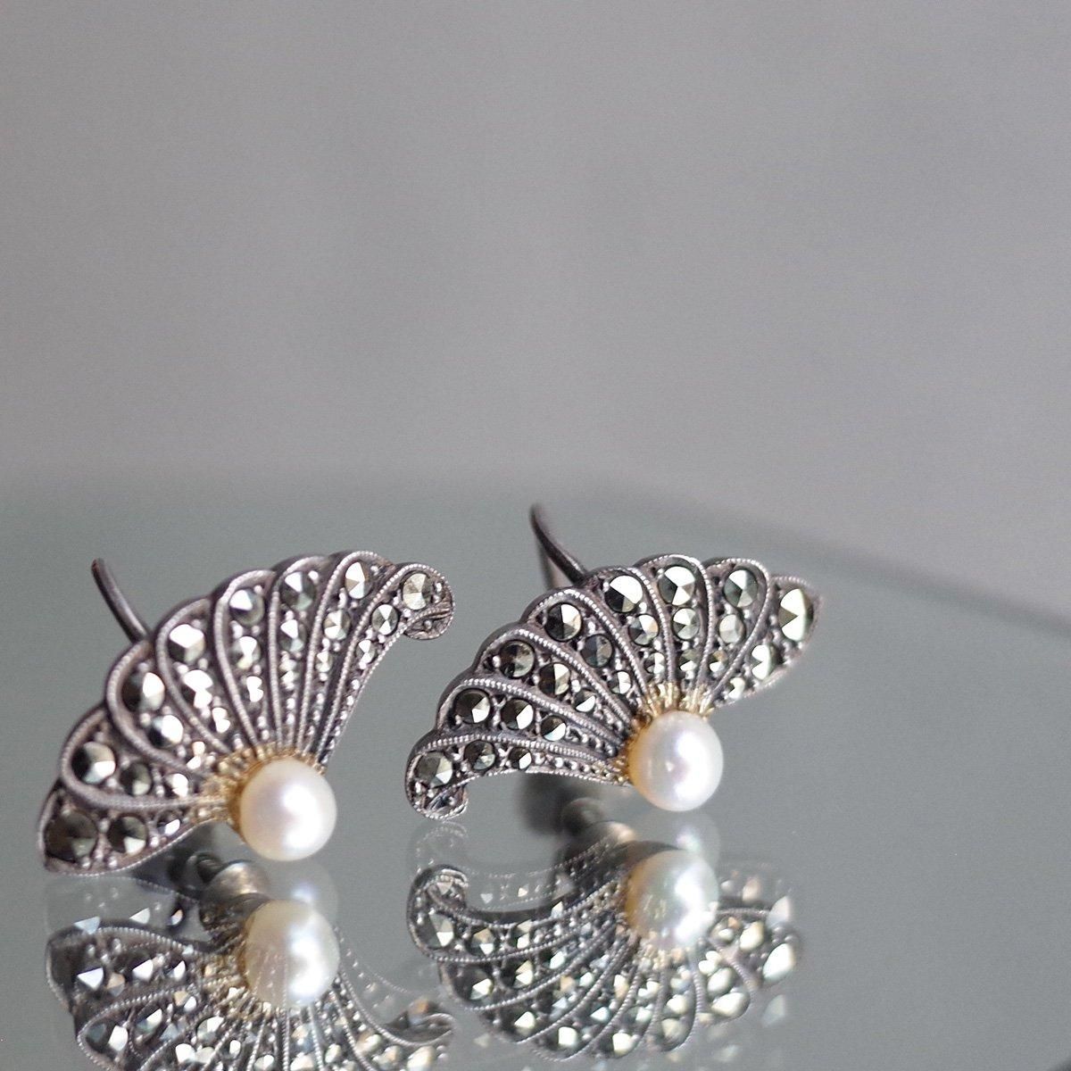  С ޡ ѡ ե 󥰡1930-40's Silver Marcasite Pearl Feather Earrings