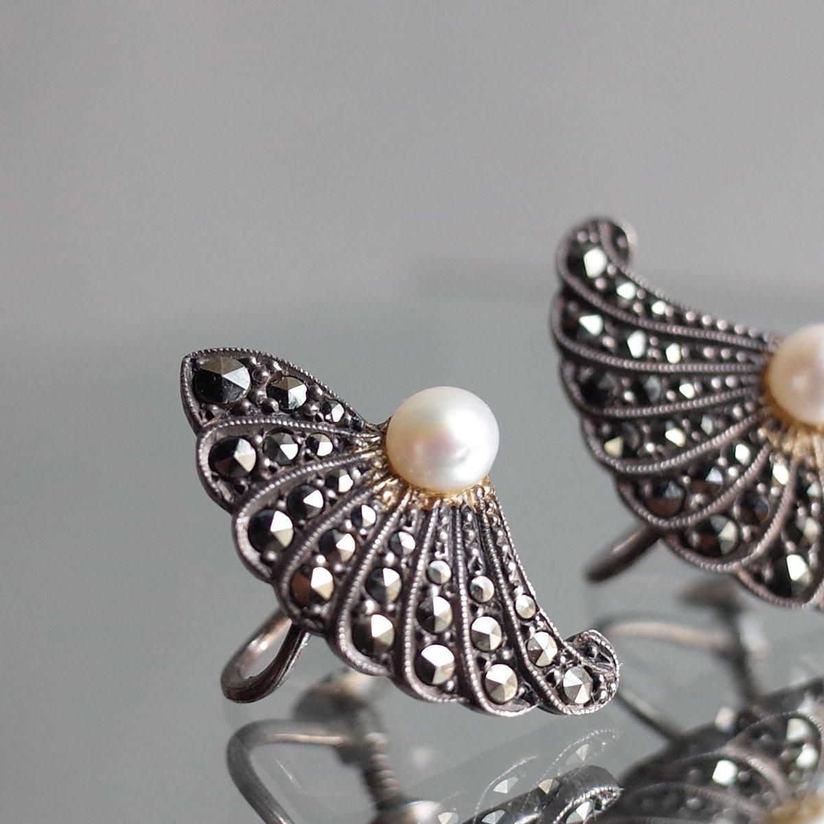  С ޡ ѡ ե 󥰡1930-40's Silver Marcasite Pearl Feather Earrings