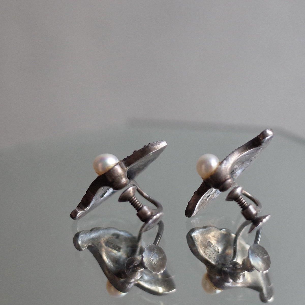  С ޡ ѡ ե 󥰡1930-40's Silver Marcasite Pearl Feather Earrings