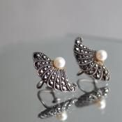  С ޡ ѡ ե 󥰡1930-40's Silver Marcasite Pearl Feather Earrings