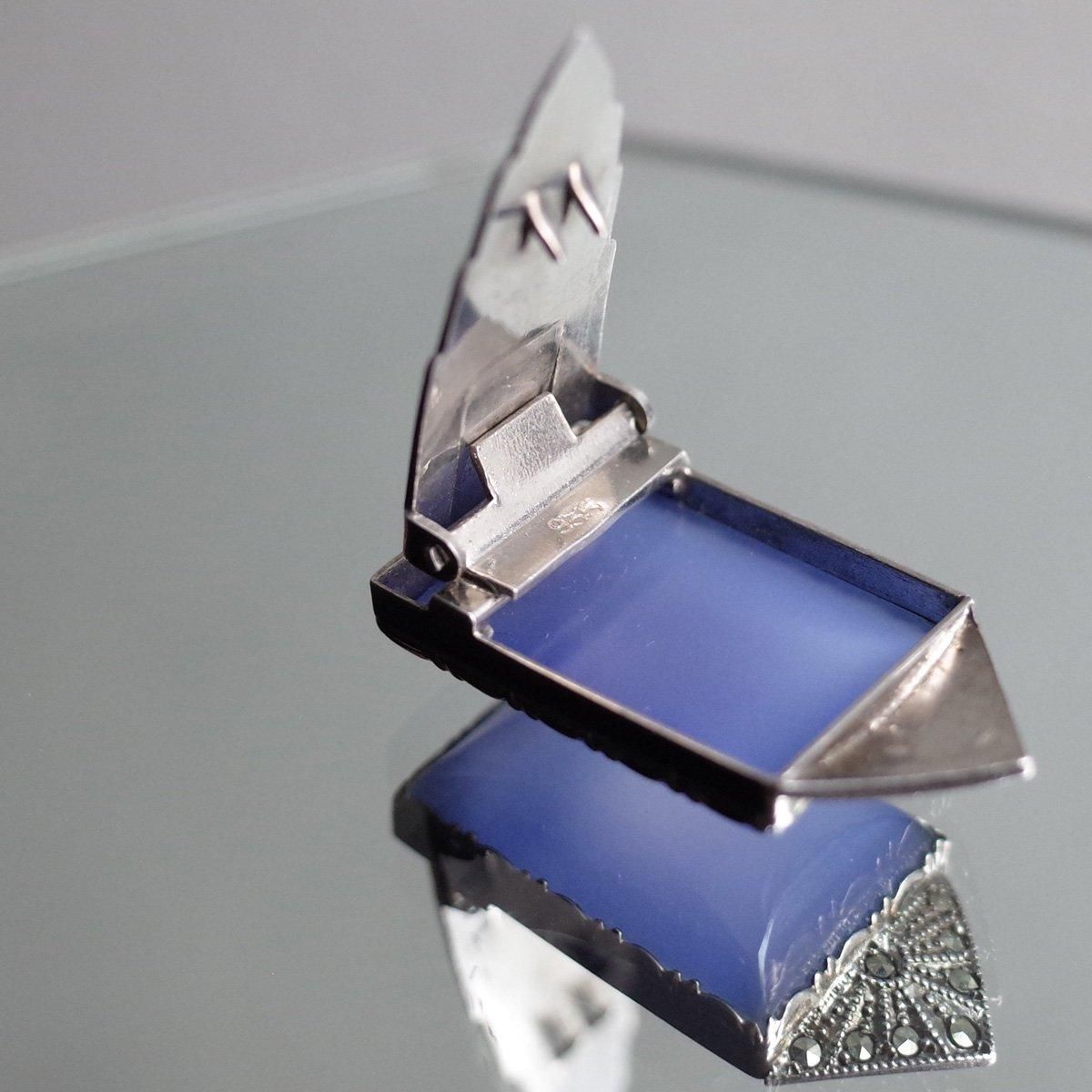 롦ǥ С ֥롼륻ɥˡ ޡ ɥ쥹åסArt Deco Silver Blue Chalcedony Marcasite Dress Clip