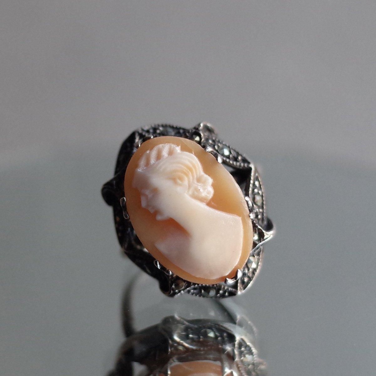 С ޡ ᥪ 󥰡Vintage Silver Marcasite Cameo Ring