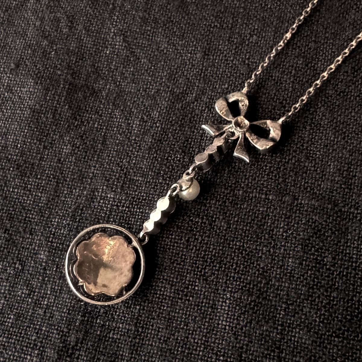 1910年代 シルバー ガラス ラヴァリエール リボンネックレス（Silver