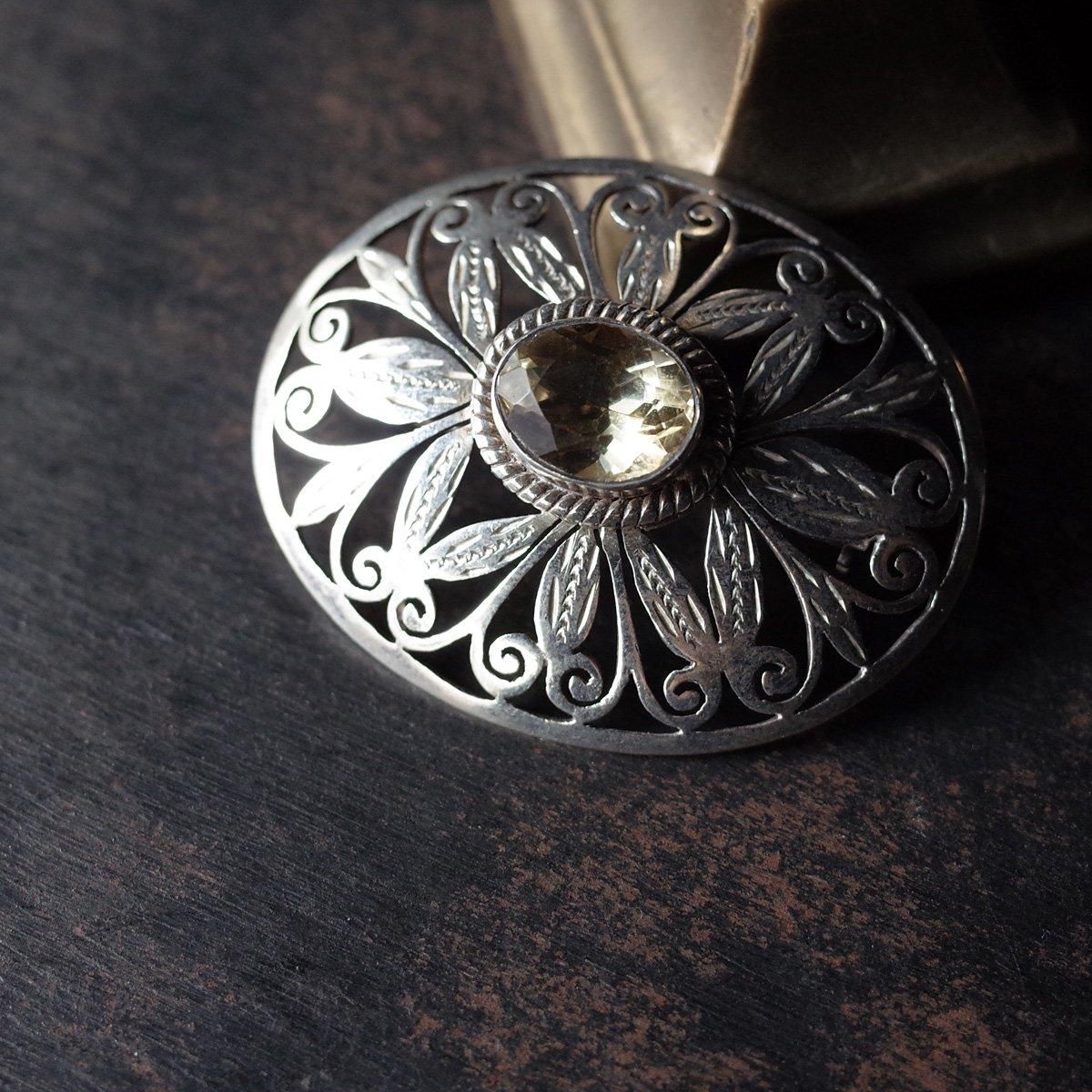 1930年代 シルバー シトリン 植物モチーフ 楕円 ブローチ（1930's