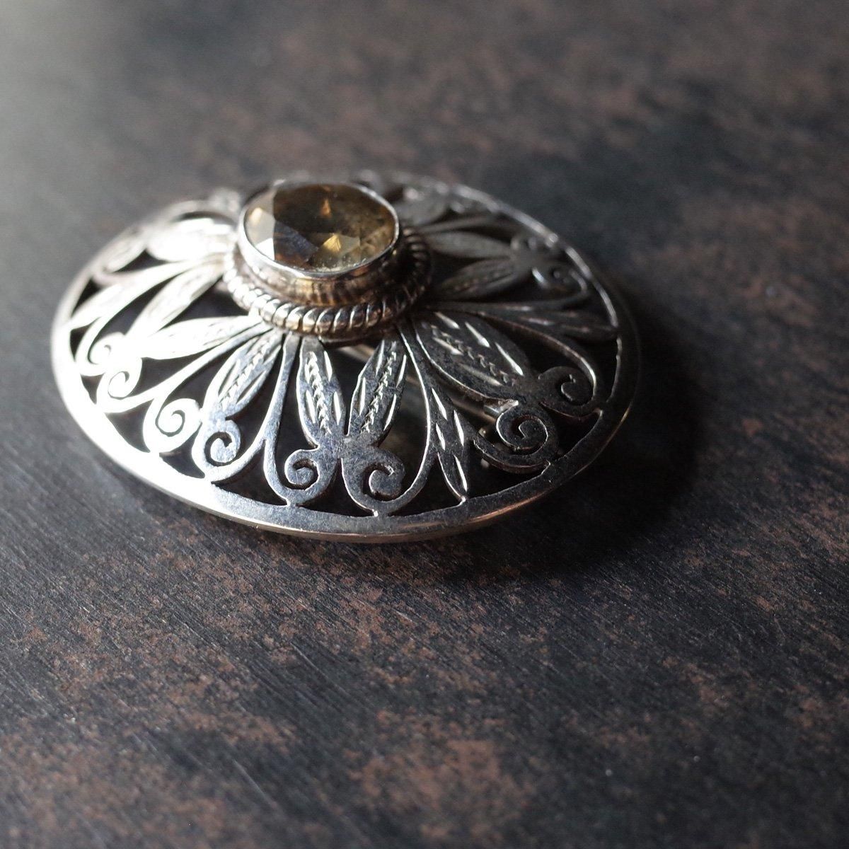 1930年代 シルバー シトリン 植物モチーフ 楕円 ブローチ