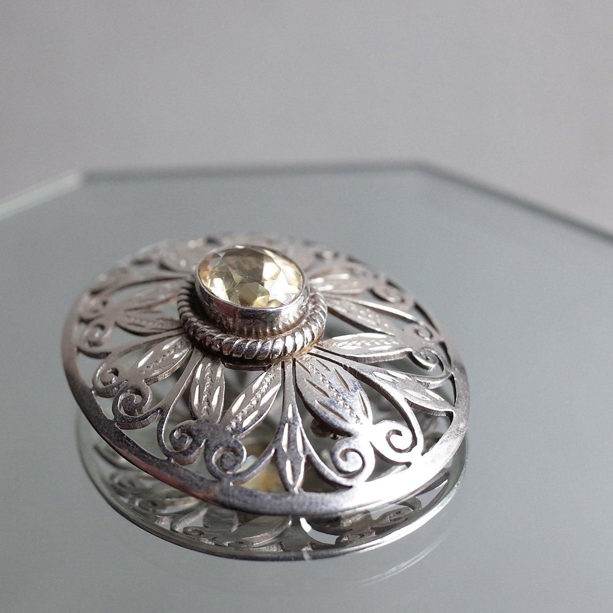 1930年代 シルバー シトリン 植物モチーフ 楕円 ブローチ（1930's