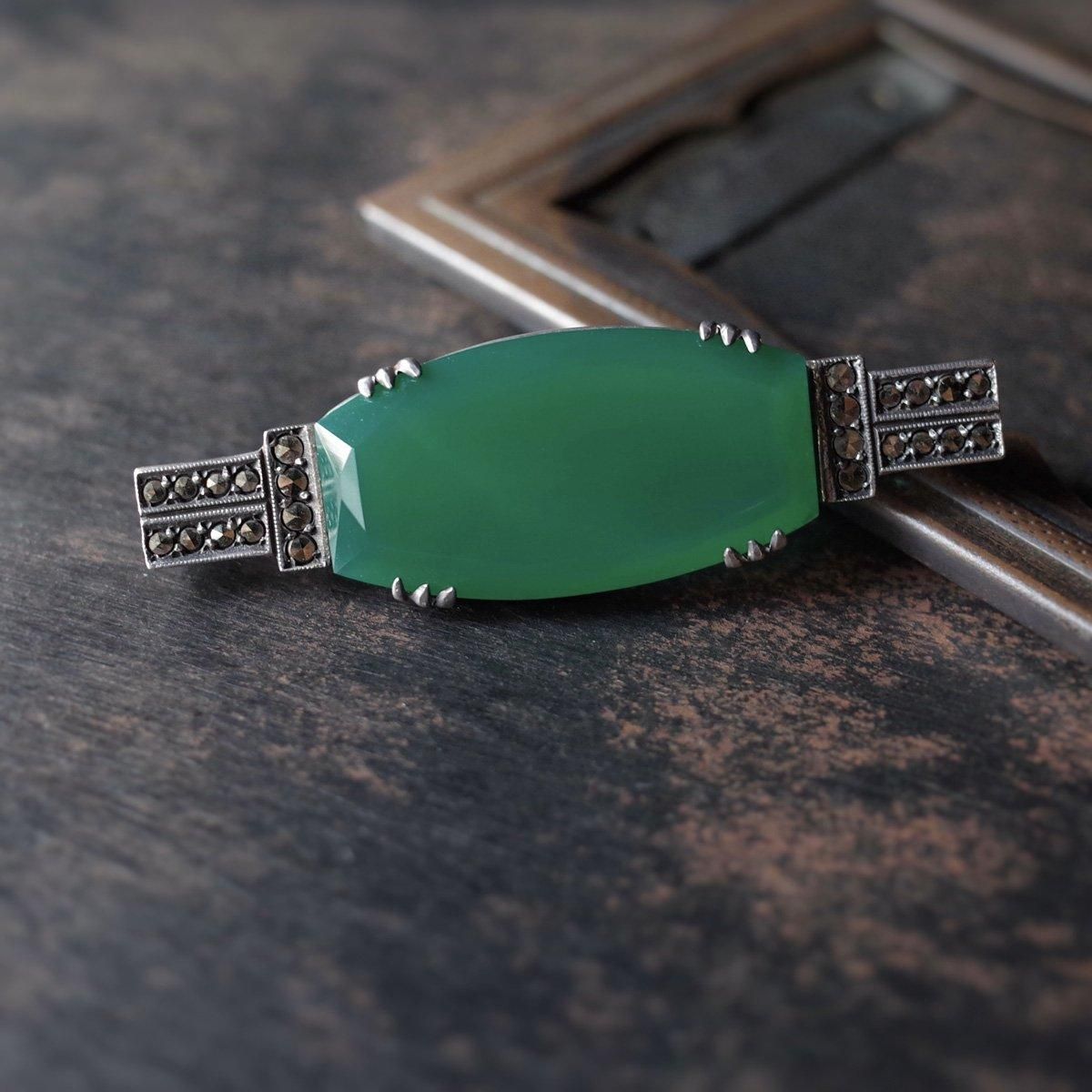 롦ǥ С ꡼ 륻ɥˡ ޡ ֥Art Deco Silver Green Chalcedony Marcasite Brooch