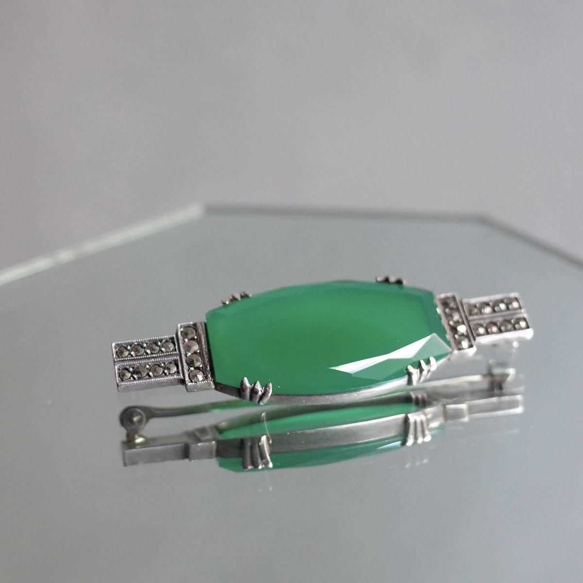 롦ǥ С ꡼ 륻ɥˡ ޡ ֥Art Deco Silver Green Chalcedony Marcasite Brooch