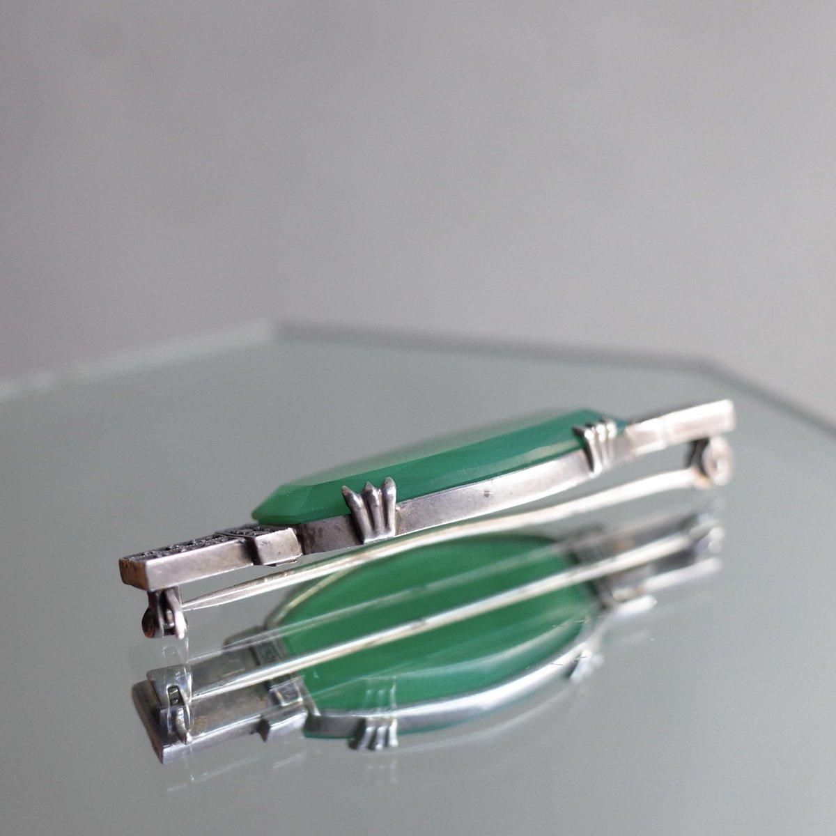롦ǥ С ꡼ 륻ɥˡ ޡ ֥Art Deco Silver Green Chalcedony Marcasite Brooch