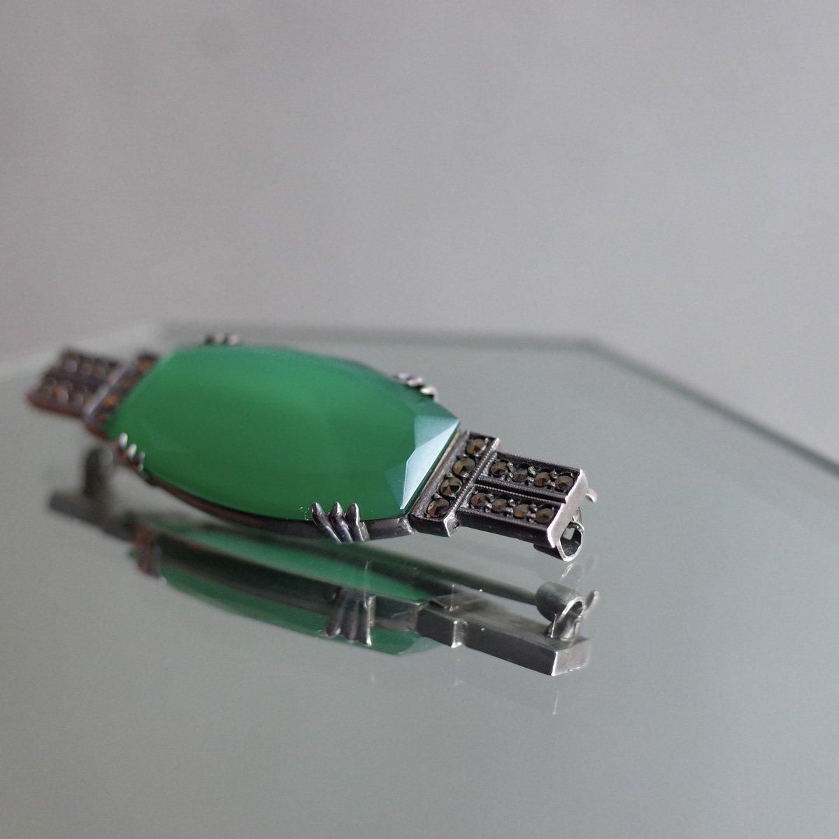 롦ǥ С ꡼ 륻ɥˡ ޡ ֥Art Deco Silver Green Chalcedony Marcasite Brooch