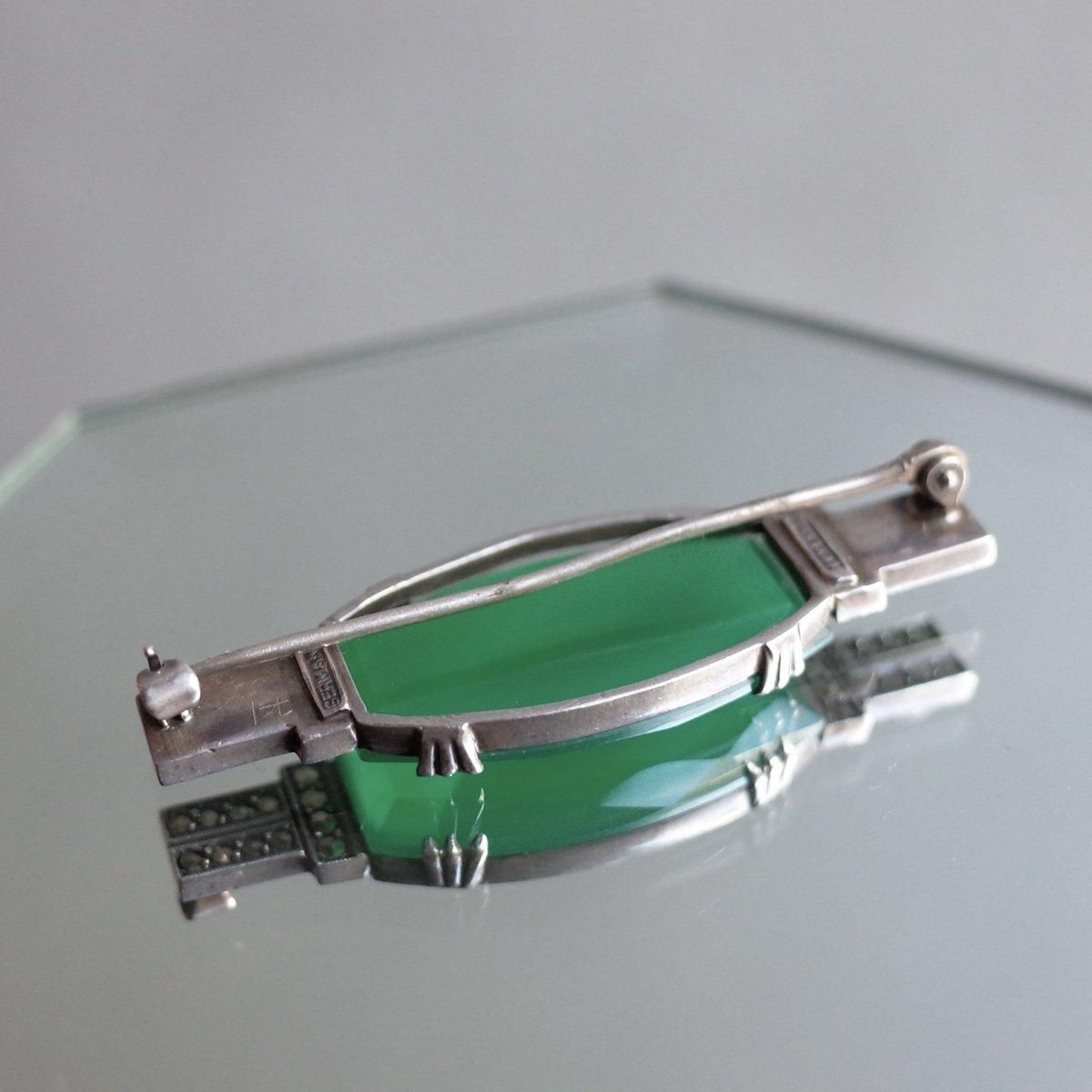 롦ǥ С ꡼ 륻ɥˡ ޡ ֥Art Deco Silver Green Chalcedony Marcasite Brooch