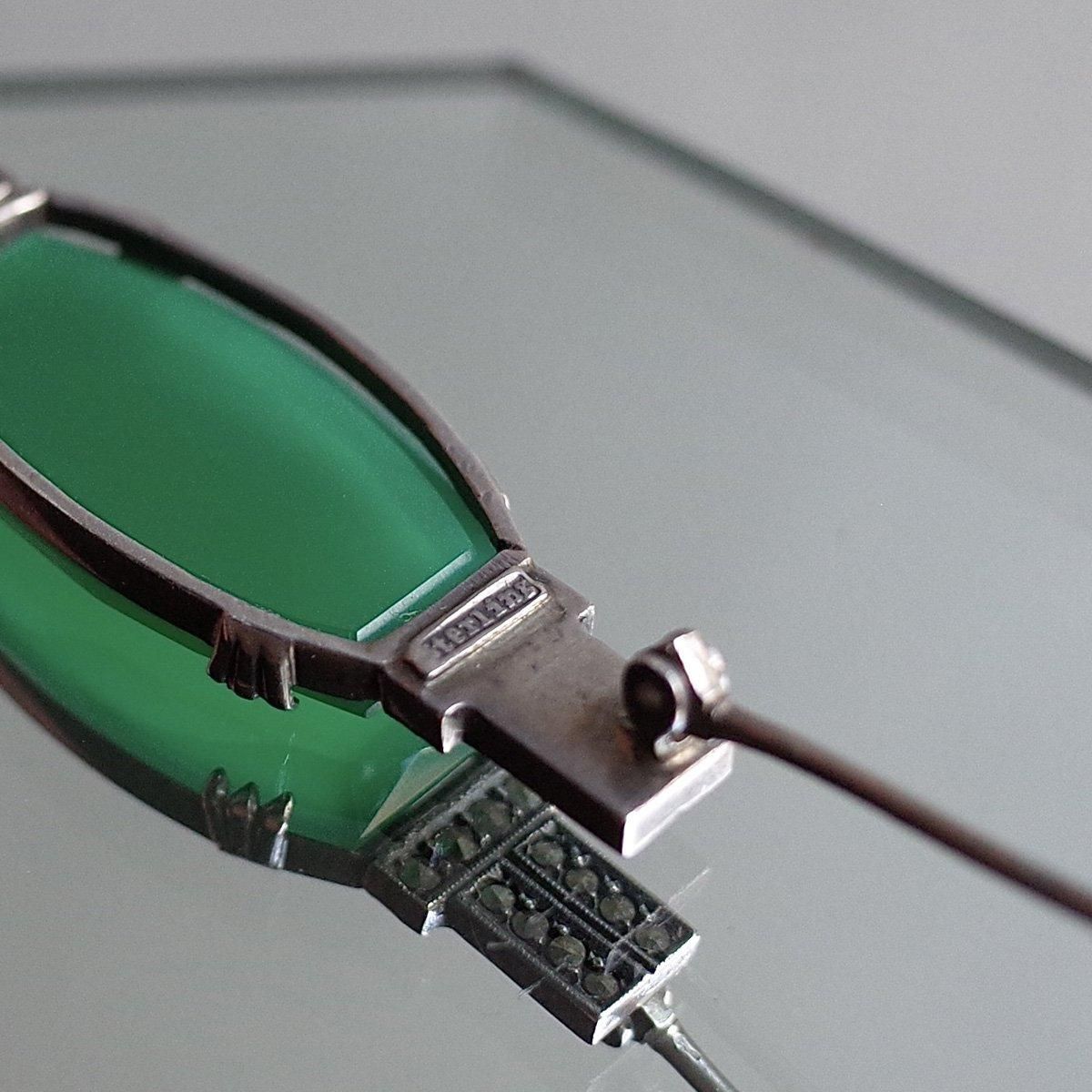 롦ǥ С ꡼ 륻ɥˡ ޡ ֥Art Deco Silver Green Chalcedony Marcasite Brooch