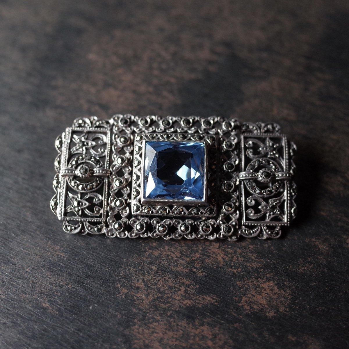 С ޡ ֥롼 饹 ֥1920-30's Silver Marcasite Blue Glass Brooch