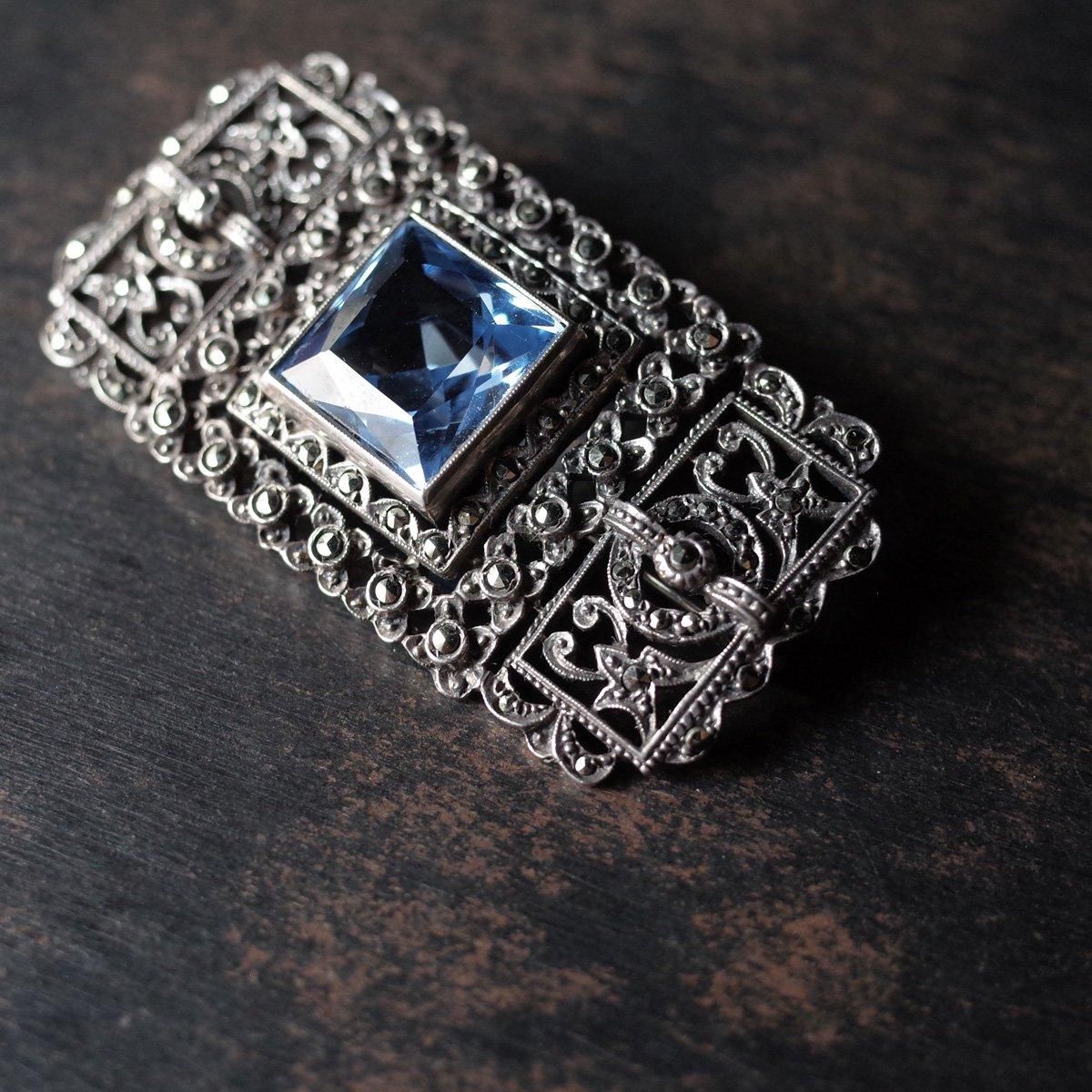 С ޡ ֥롼 饹 ֥1920-30's Silver Marcasite Blue Glass Brooch