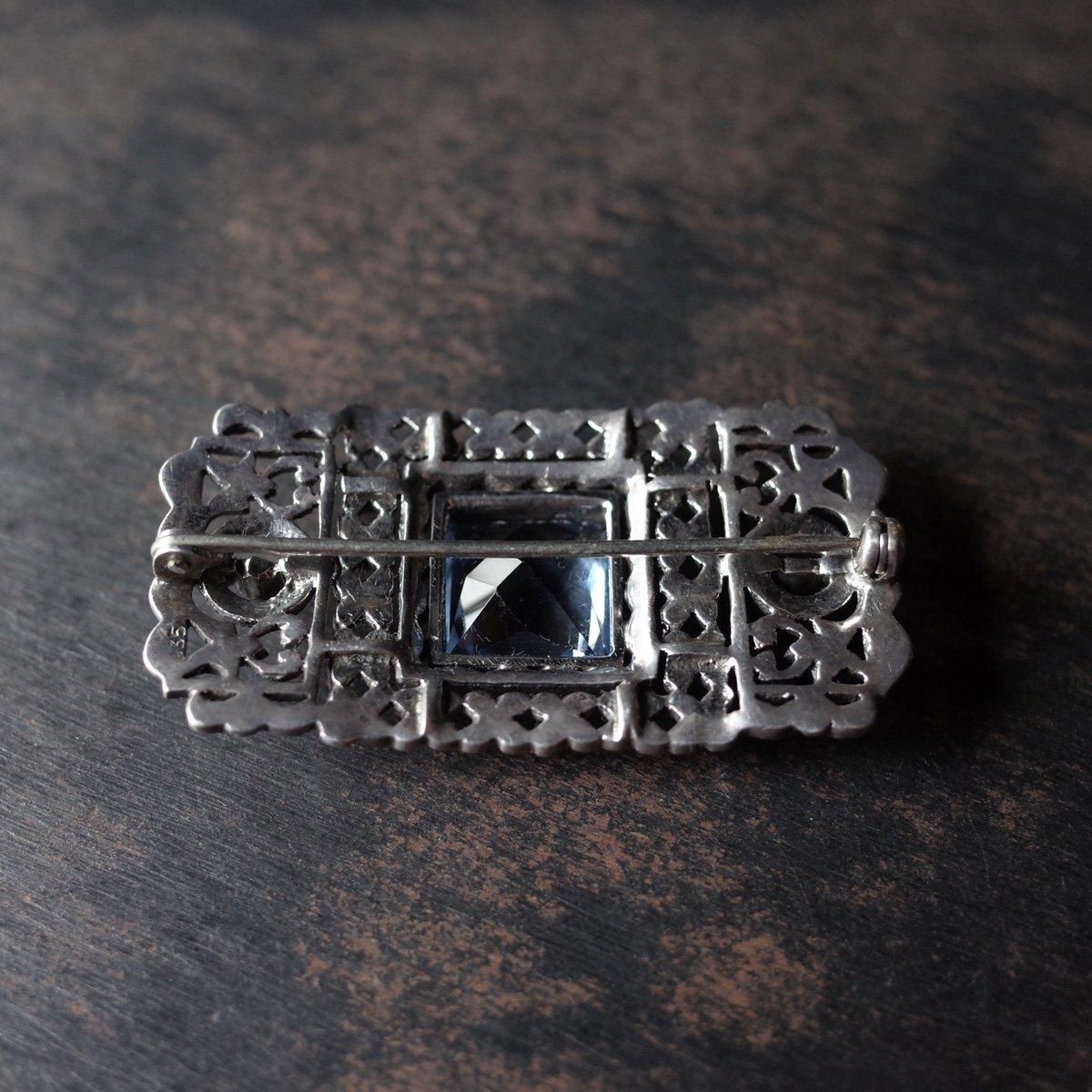 С ޡ ֥롼 饹 ֥1920-30's Silver Marcasite Blue Glass Brooch