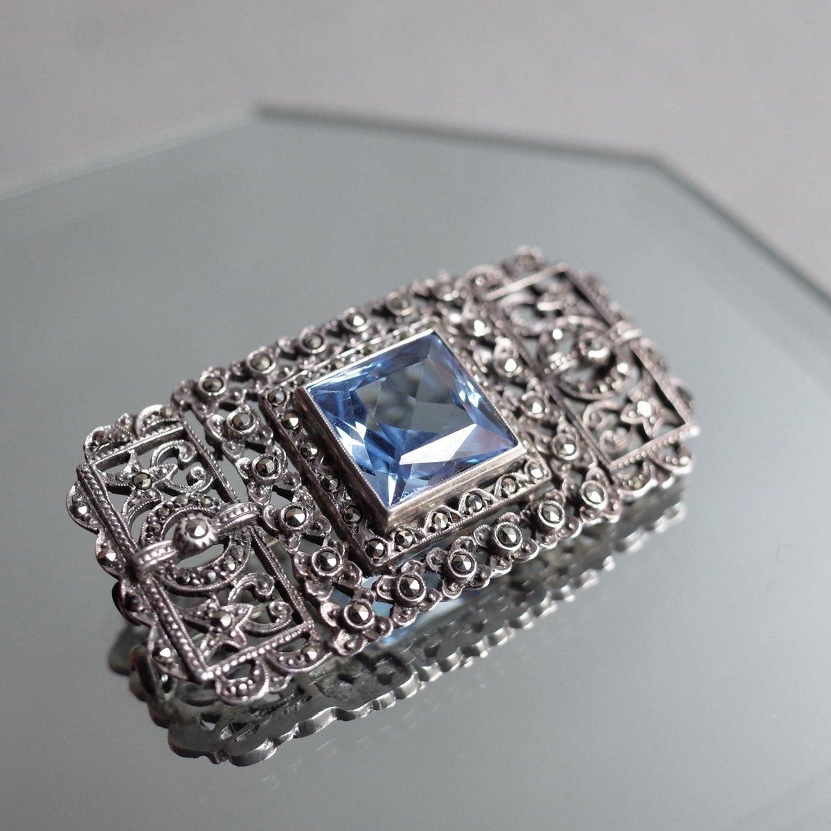 С ޡ ֥롼 饹 ֥1920-30's Silver Marcasite Blue Glass Brooch