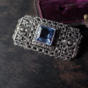 С ޡ ֥롼 饹 ֥1920-30's Silver Marcasite Blue Glass Brooch