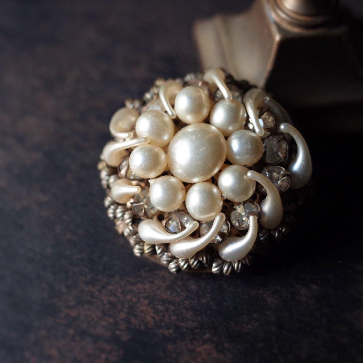 ᥿ ѡӡ ꥢ饹 ֥1940's Metal Pearl Beads Clear Glass Brooch 