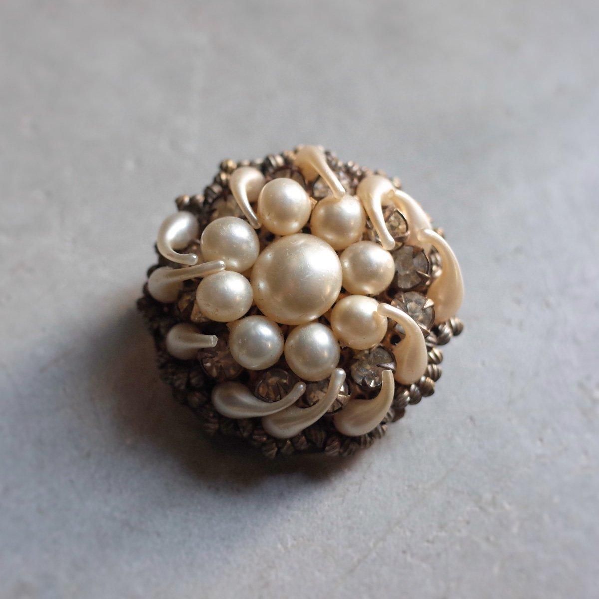 メタル パールビーズ クリアガラス ブローチ（1940's Metal Pearl