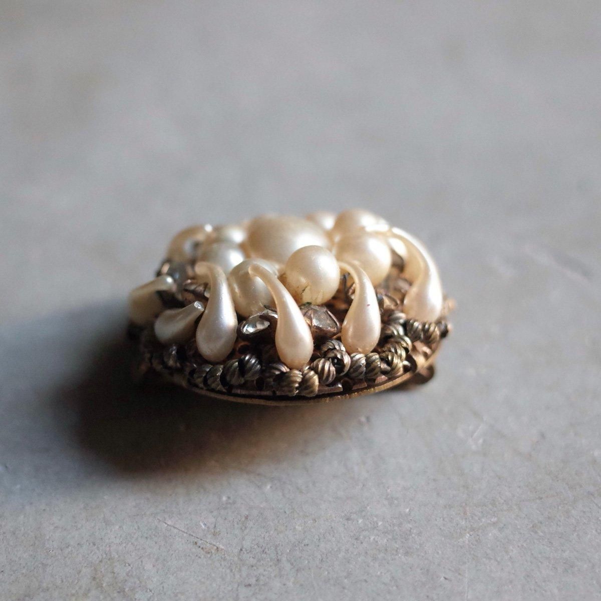 ᥿ ѡӡ ꥢ饹 ֥1940's Metal Pearl Beads Clear Glass Brooch 
