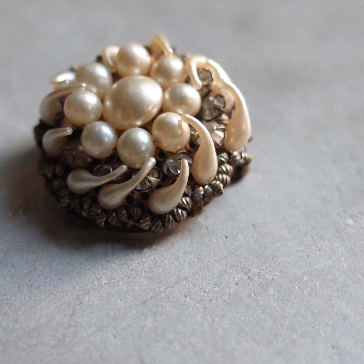 メタル パールビーズ クリアガラス ブローチ（1940's Metal Pearl