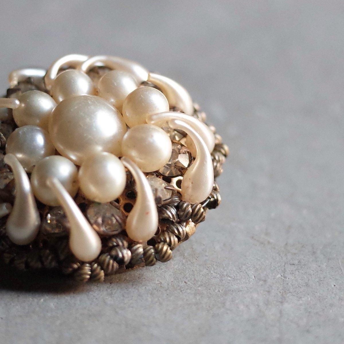 ᥿ ѡӡ ꥢ饹 ֥1940's Metal Pearl Beads Clear Glass Brooch 