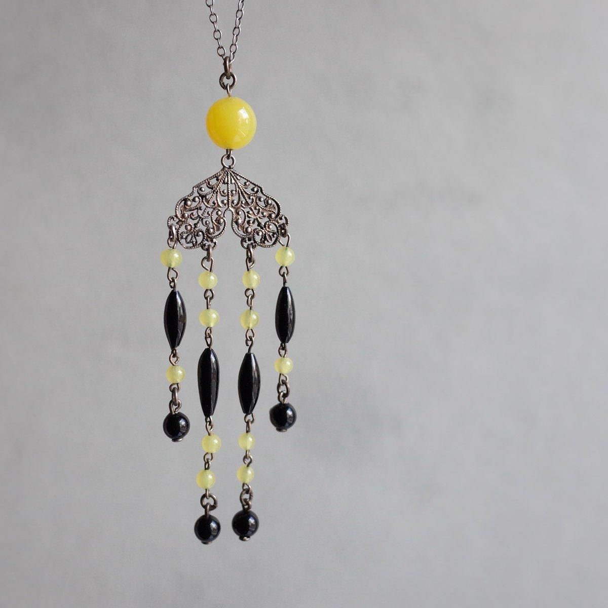 ᥿ 饹 ͥå쥹1920-30's Metal Yellow Glass Necklace