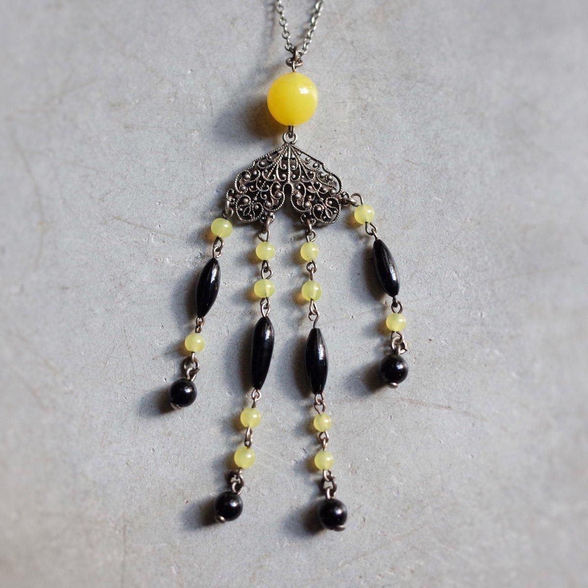 ᥿ 饹 ͥå쥹1920-30's Metal Yellow Glass Necklace