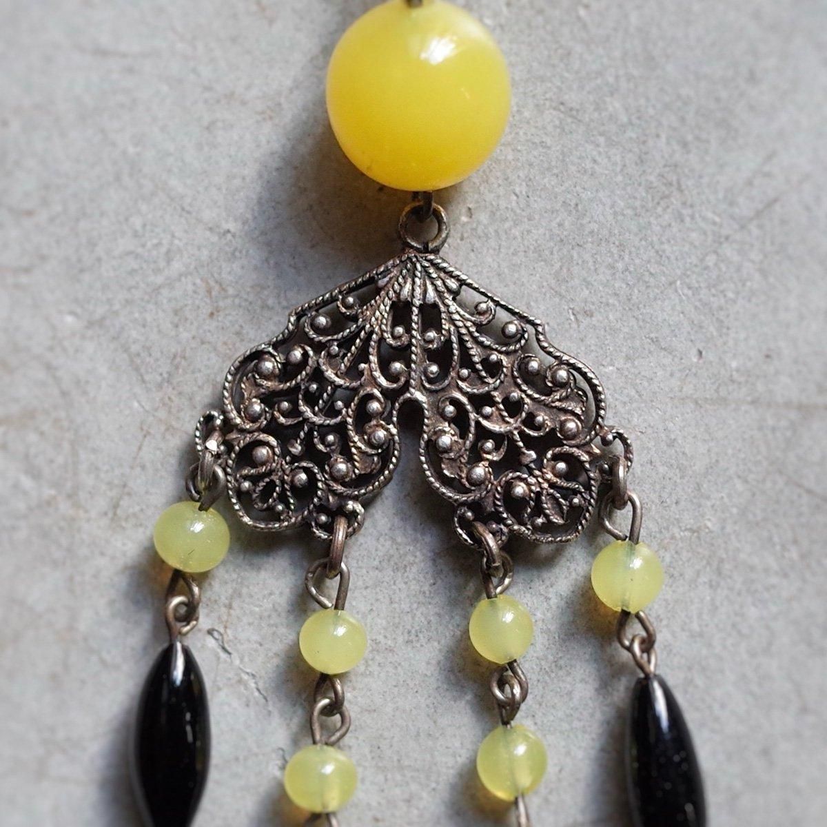 ᥿ 饹 ͥå쥹1920-30's Metal Yellow Glass Necklace