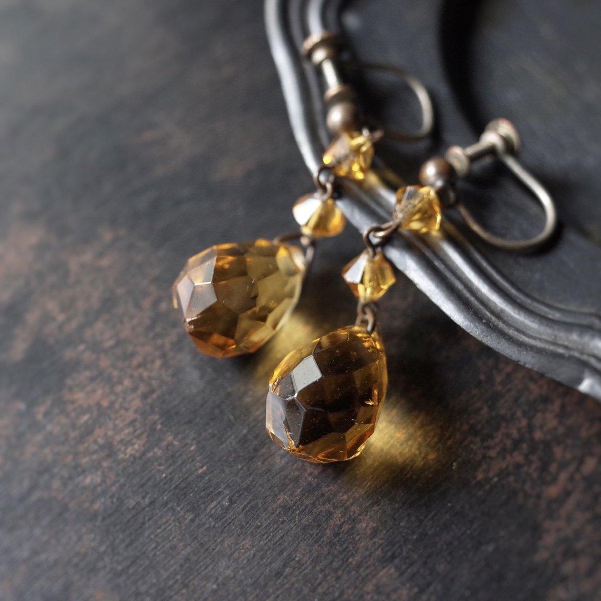 ȥ󥬥饹 󥰡1930's Metal Citrine Glass Earrings