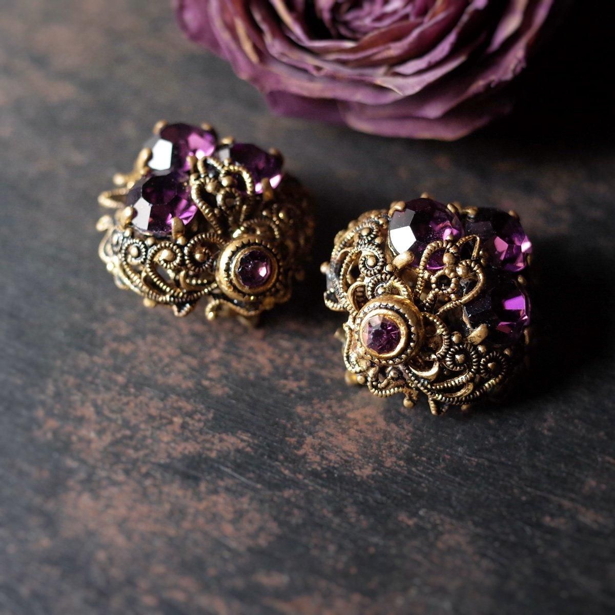 ѡץ륬饹 եꥰ꡼ 󥰡1940-50's Metal Purple Glass Filigree Earrings
