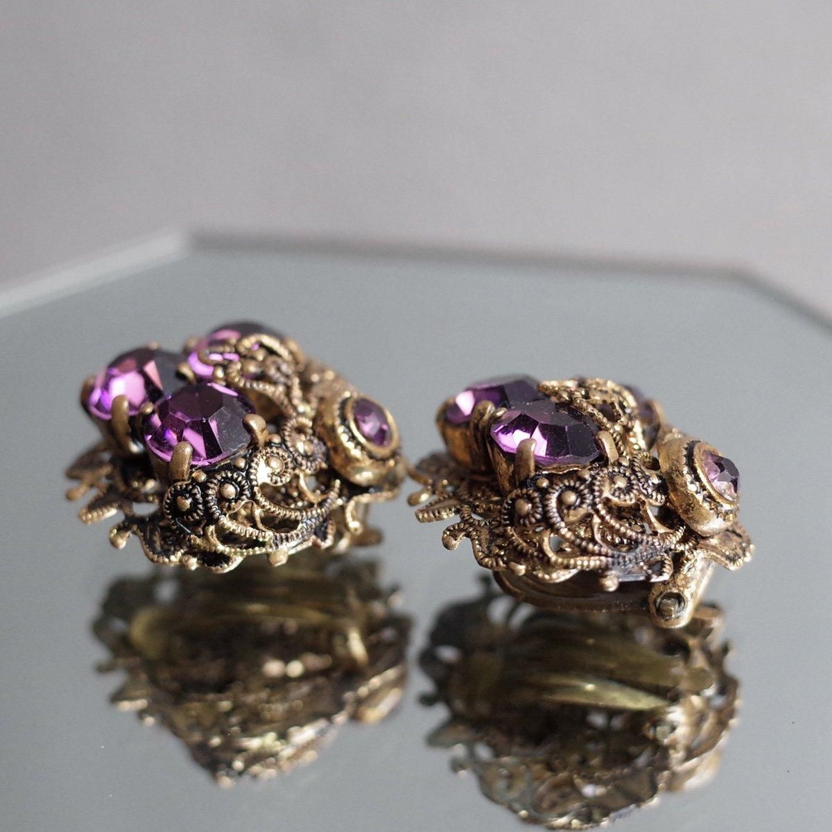 ѡץ륬饹 եꥰ꡼ 󥰡1940-50's Metal Purple Glass Filigree Earrings
