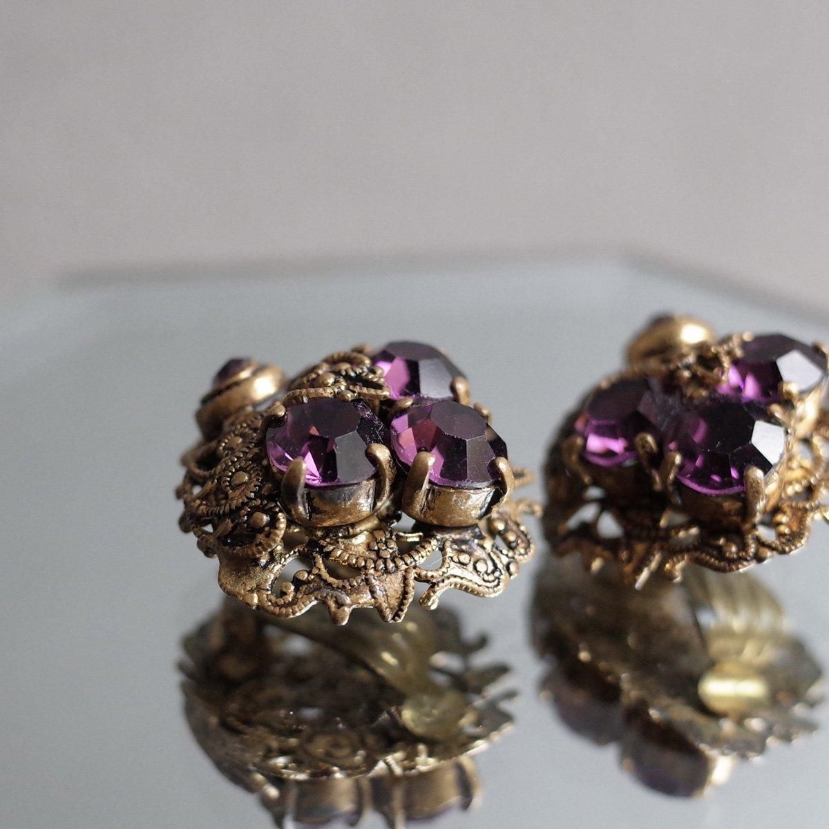 ѡץ륬饹 եꥰ꡼ 󥰡1940-50's Metal Purple Glass Filigree Earrings