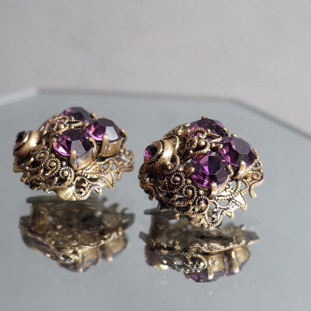 ѡץ륬饹 եꥰ꡼ 󥰡1940-50's Metal Purple Glass Filigree Earrings