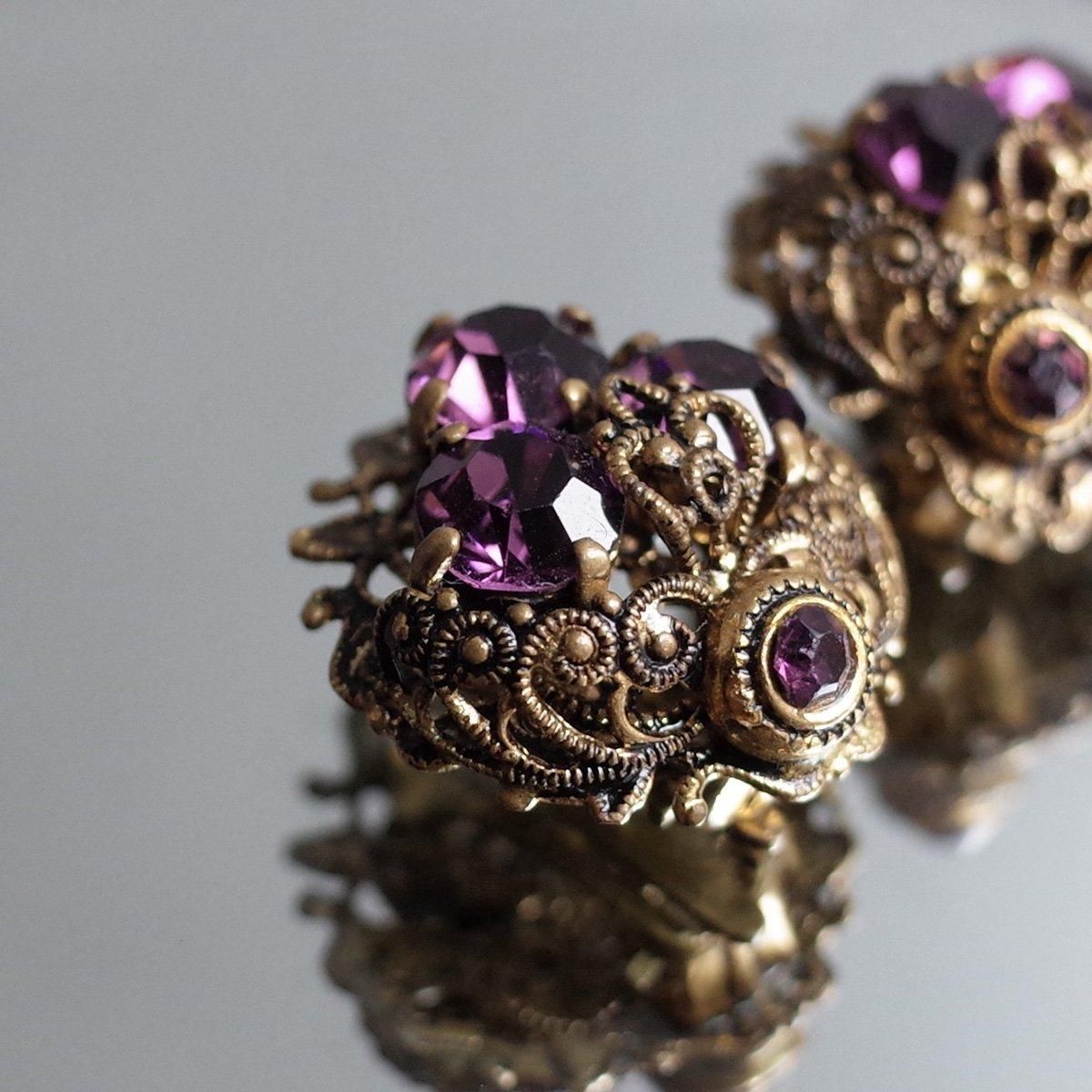 ѡץ륬饹 եꥰ꡼ 󥰡1940-50's Metal Purple Glass Filigree Earrings