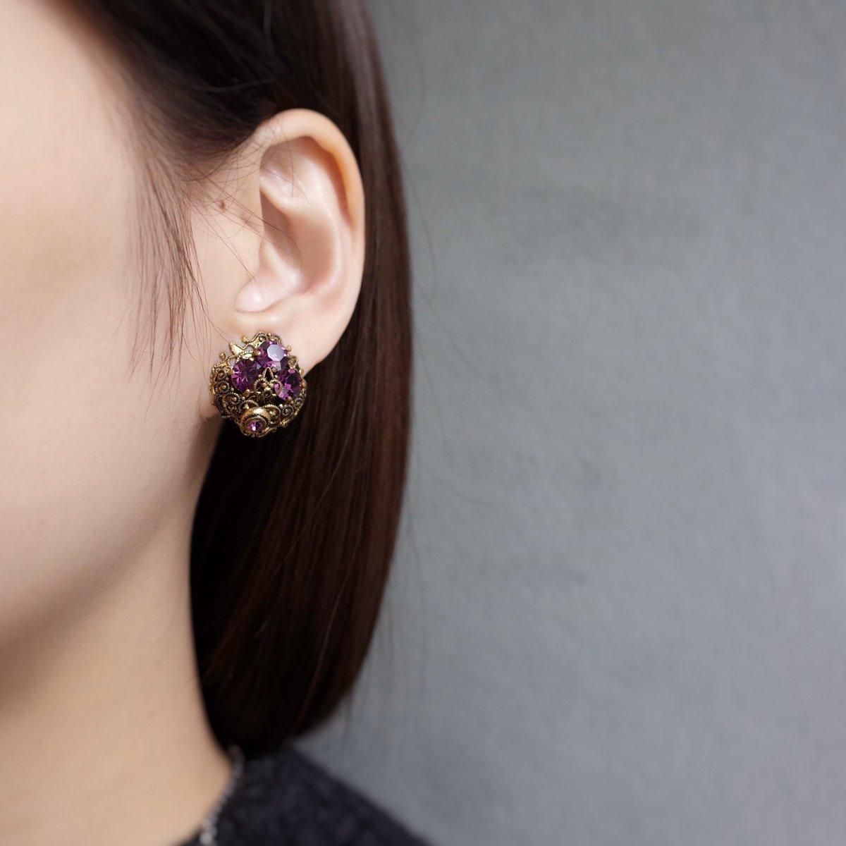 ѡץ륬饹 եꥰ꡼ 󥰡1940-50's Metal Purple Glass Filigree Earrings