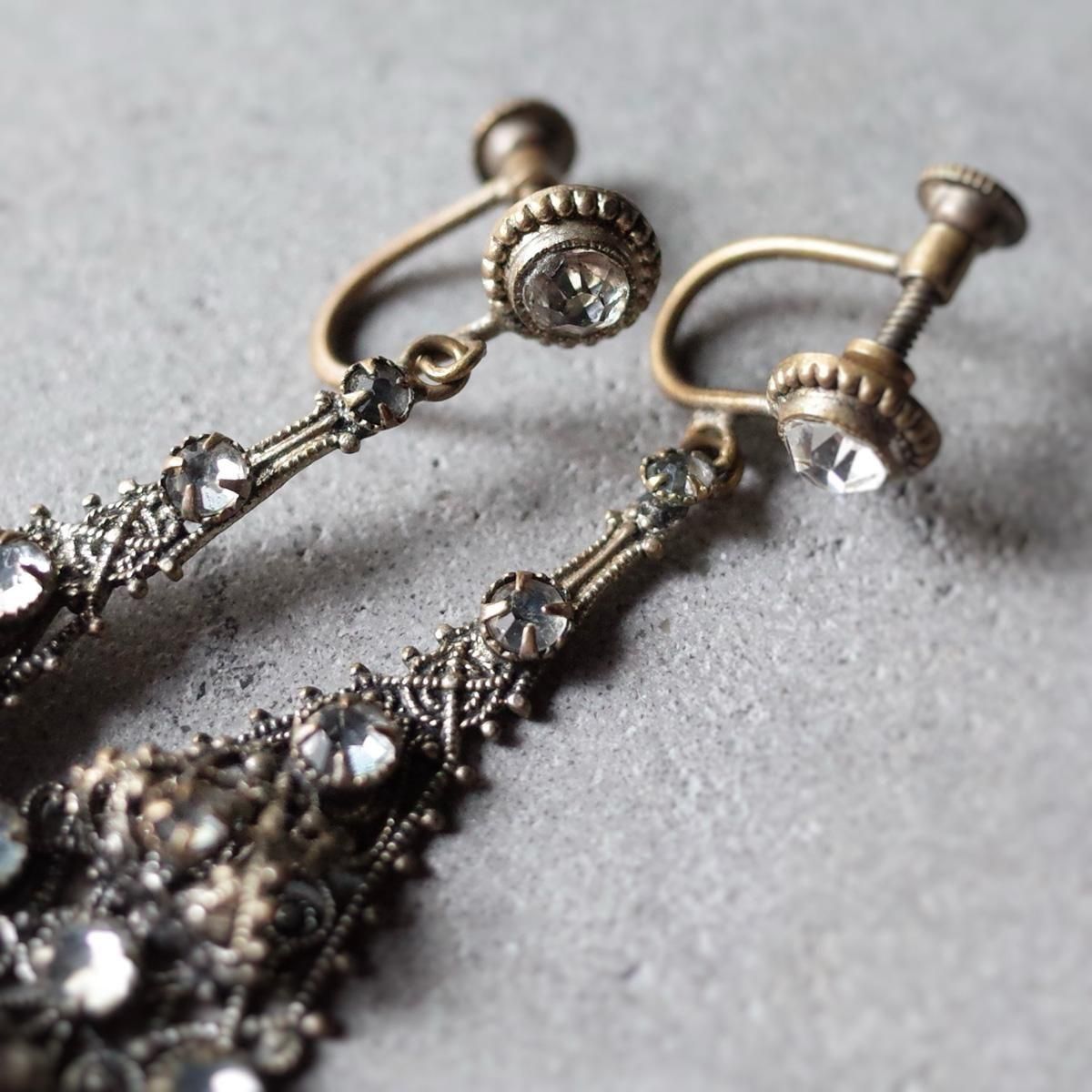 ᥿ ꥢ饹 󥰡1920-30's Metal Clear Glass Earrings