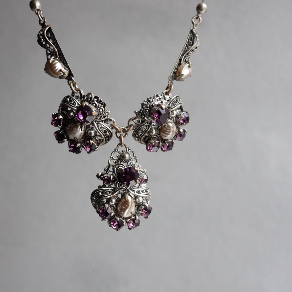 ᥿ ѡ ѡץ륬饹 ͥå쥹1920's Metal Pearl Purple Glass Necklace