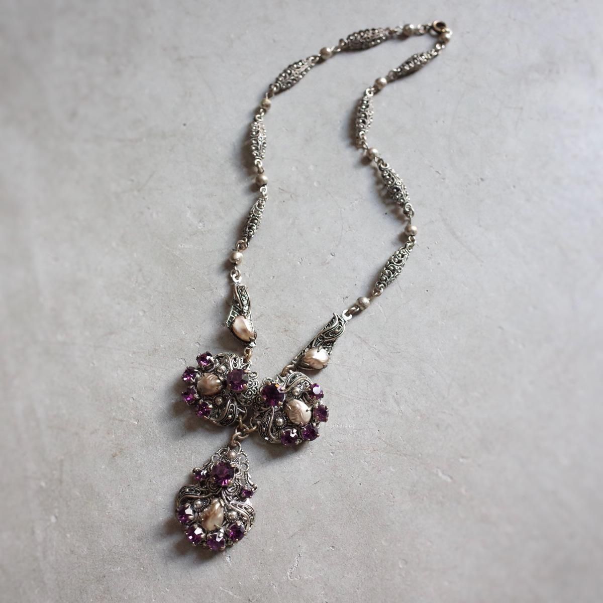 ᥿ ѡ ѡץ륬饹 ͥå쥹1920's Metal Pearl Purple Glass Necklace