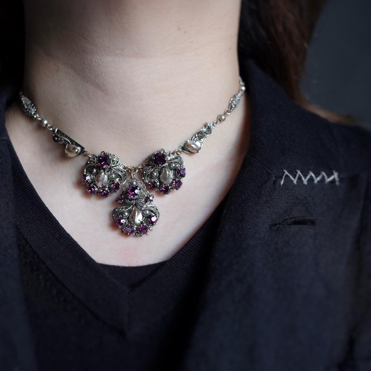 ᥿ ѡ ѡץ륬饹 ͥå쥹1920's Metal Pearl Purple Glass Necklace