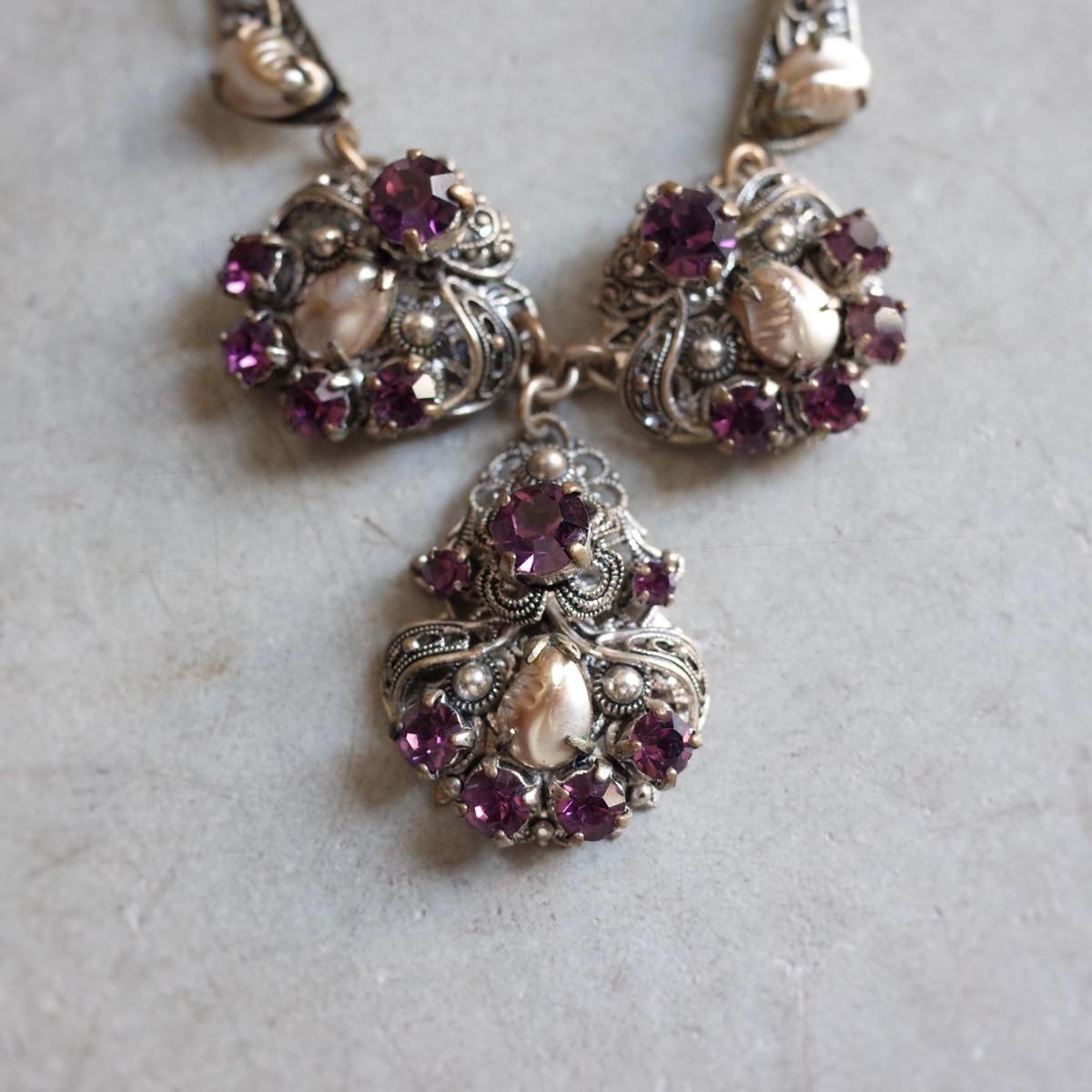 ᥿ ѡ ѡץ륬饹 ͥå쥹1920's Metal Pearl Purple Glass Necklace