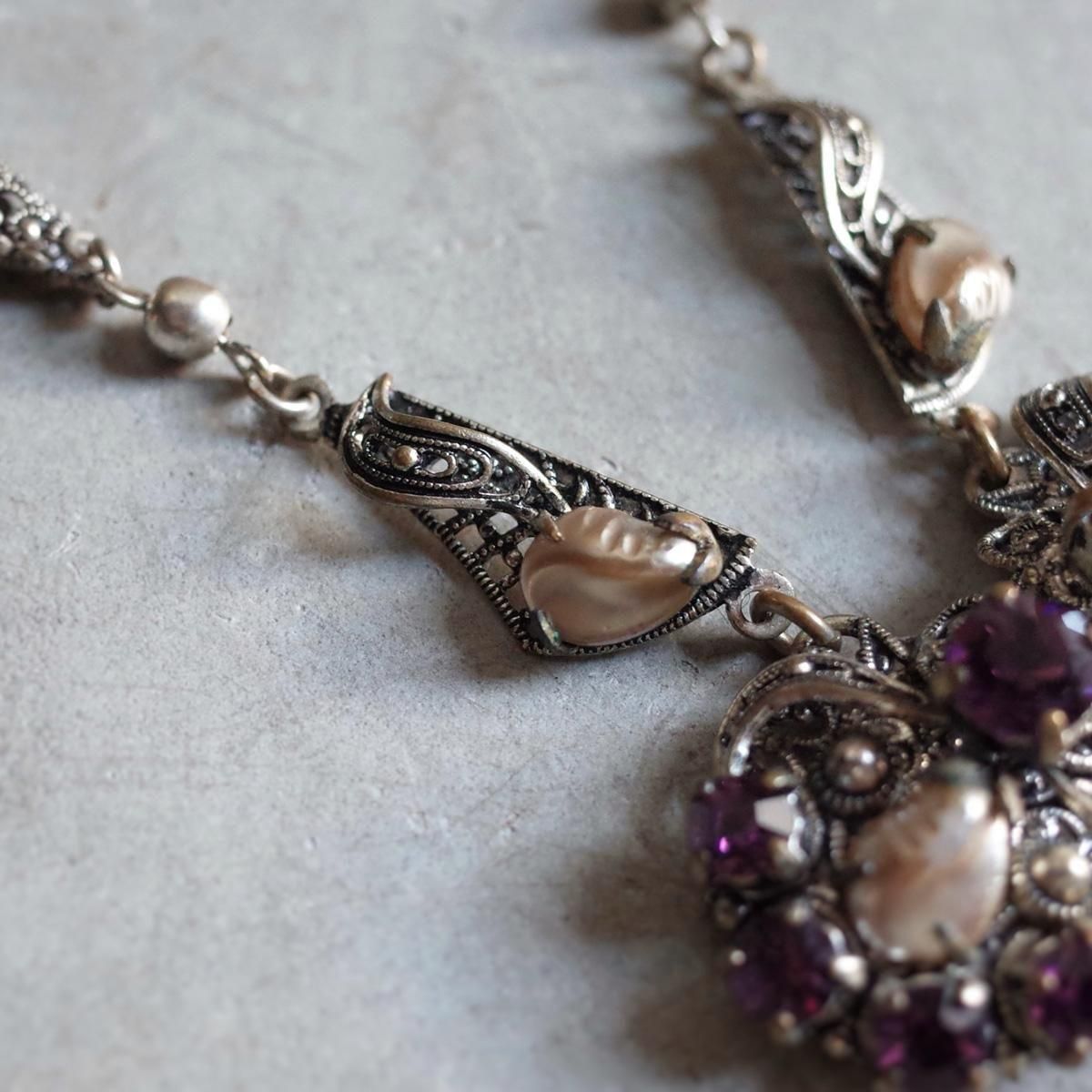 ᥿ ѡ ѡץ륬饹 ͥå쥹1920's Metal Pearl Purple Glass Necklace