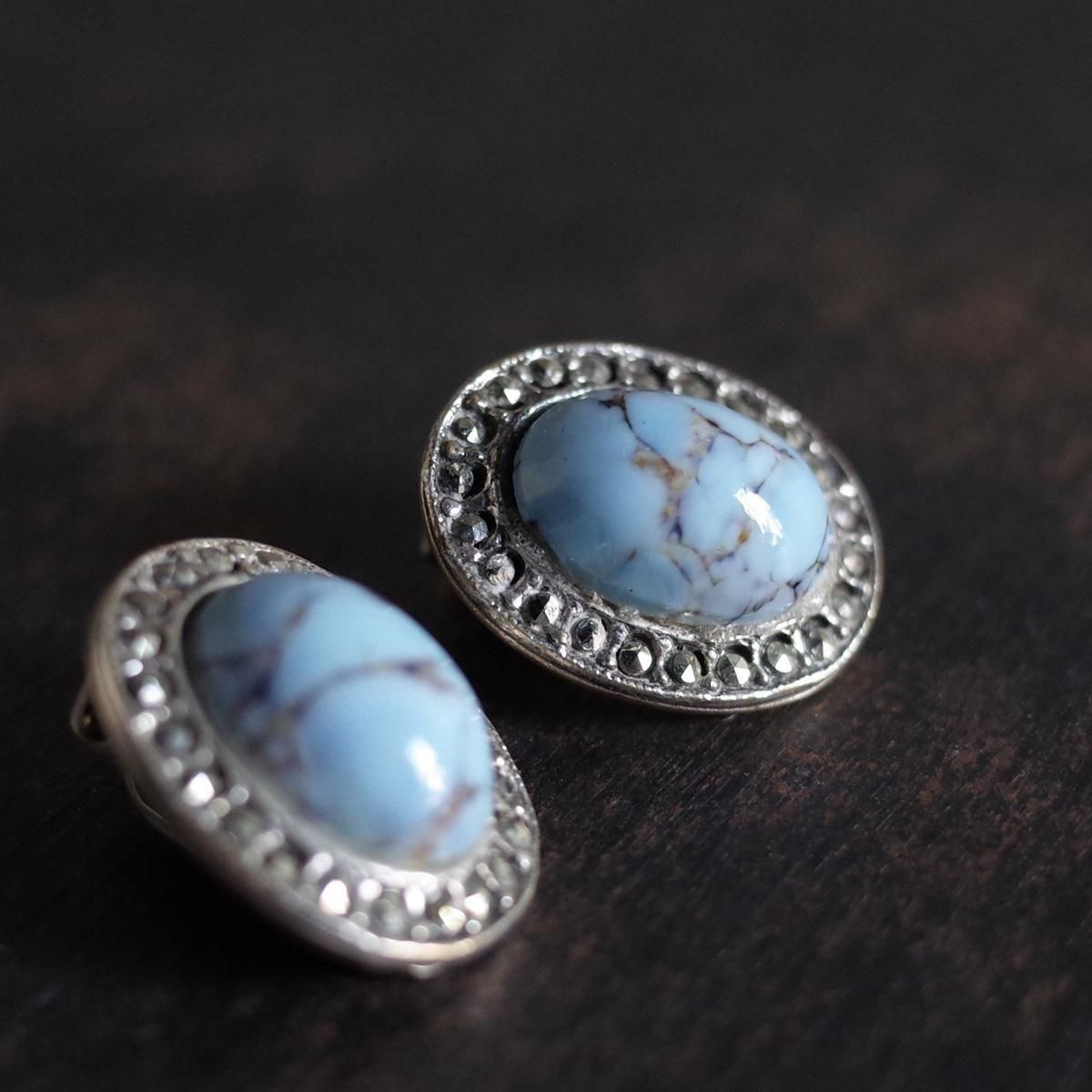 ᥿ 饹 ޡ 󥰡1950-60's Metal Clear Turquoise Glass Marcasite Earrings