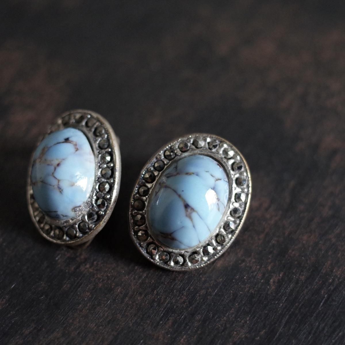 ᥿ 饹 ޡ 󥰡1950-60's Metal Clear Turquoise Glass Marcasite Earrings