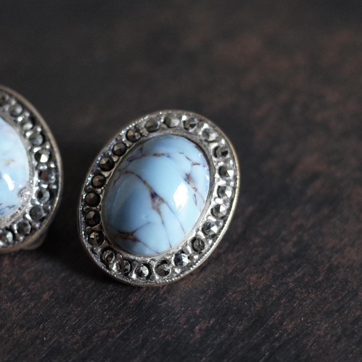 ᥿ 饹 ޡ 󥰡1950-60's Metal Clear Turquoise Glass Marcasite Earrings