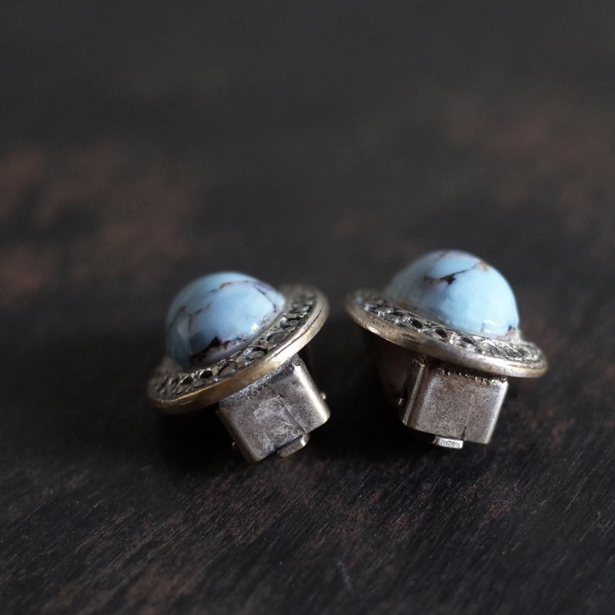 ᥿ 饹 ޡ 󥰡1950-60's Metal Clear Turquoise Glass Marcasite Earrings