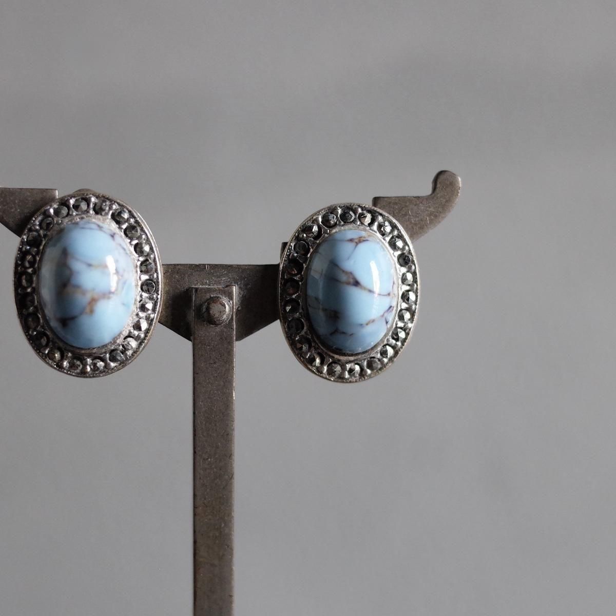 ᥿ 饹 ޡ 󥰡1950-60's Metal Clear Turquoise Glass Marcasite Earrings