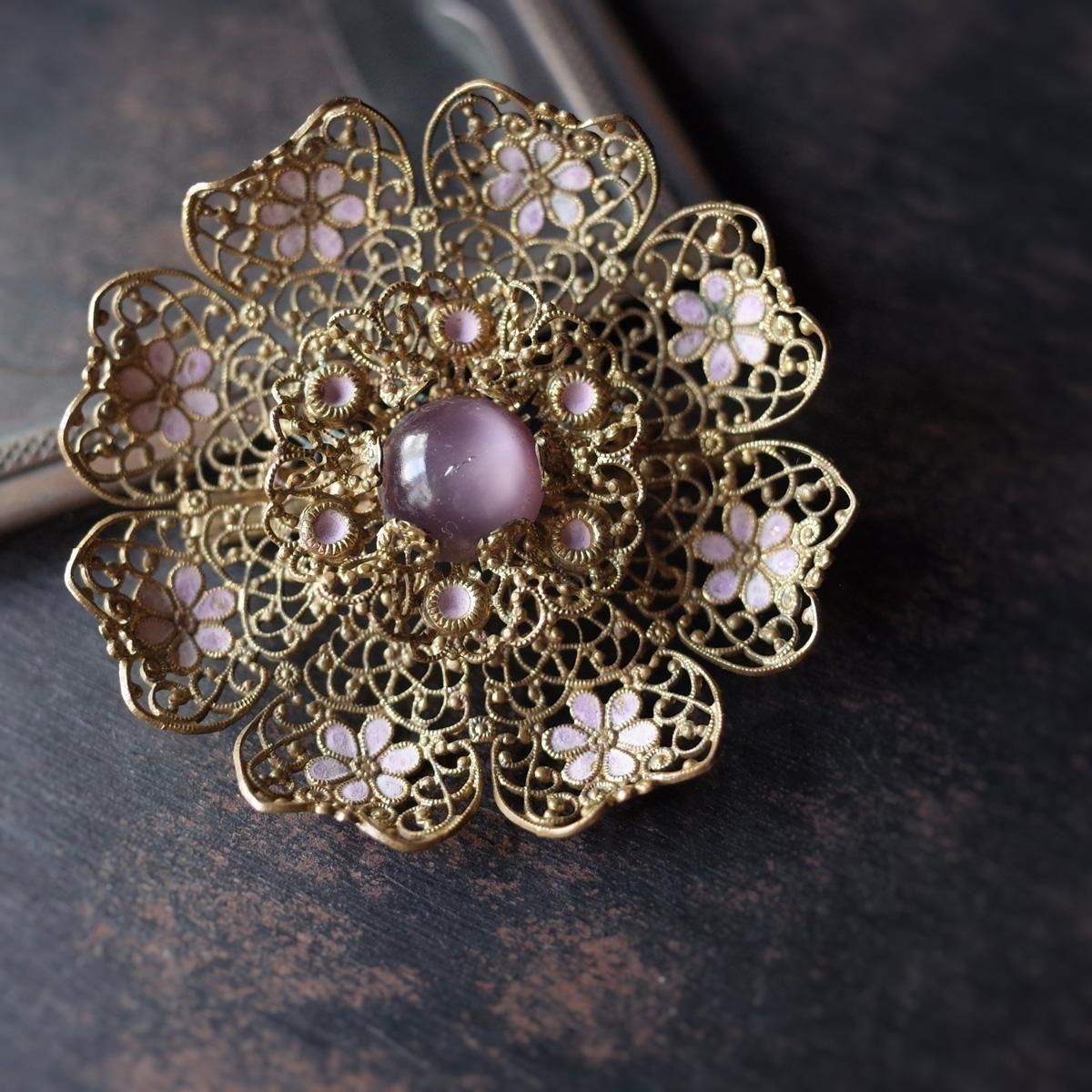 ᥿ ԥ 饹 ե ֥1920-30's Metal Pink Glass flower brooch