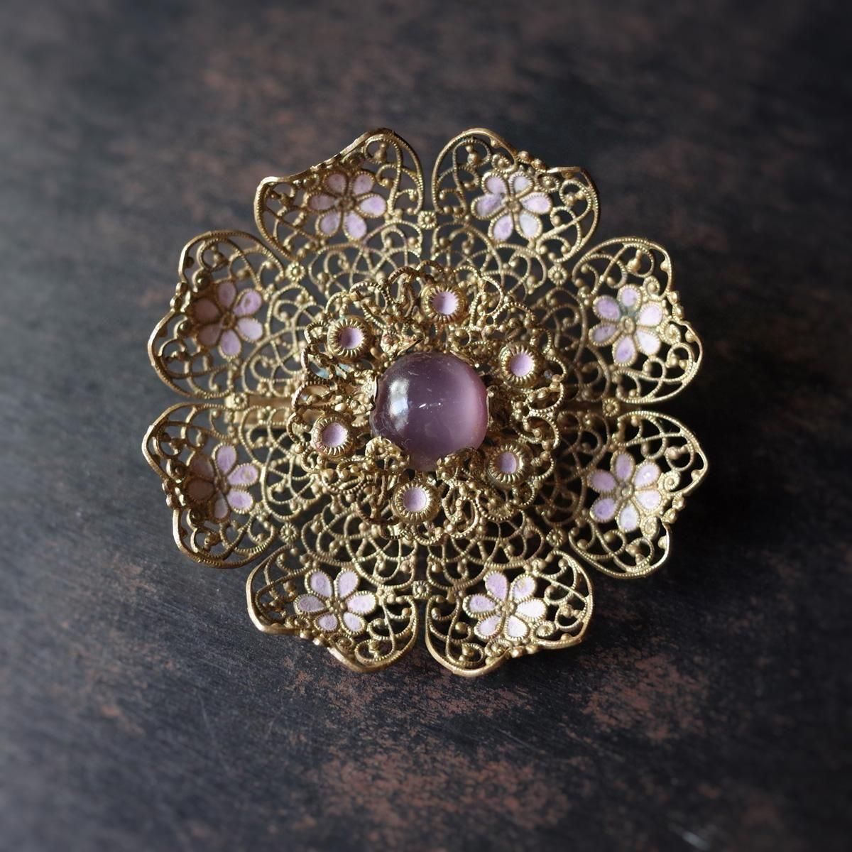 ᥿ ԥ 饹 ե ֥1920-30's Metal Pink Glass flower brooch